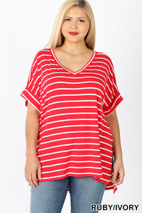11246 1/4S Striped Rolled V Neck HiLo TOP in RUBY JV-D22C
