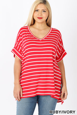 11246 1/4S Striped Rolled V Neck HiLo TOP in RUBY JV-D22C