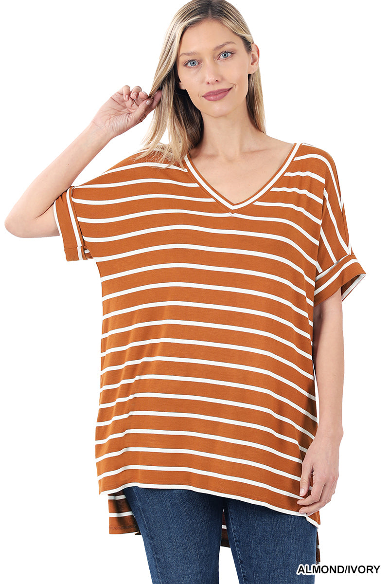 11247 1/4S Striped Rolled V Neck HiLo TOP in ALMOND JV-D13C