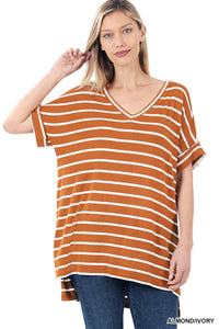 11247 1/4S Striped Rolled V Neck HiLo TOP in ALMOND JV-D13C