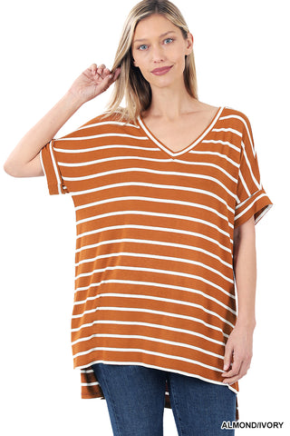 11247 1/4S Striped Rolled V Neck HiLo TOP in ALMOND JV-D13C