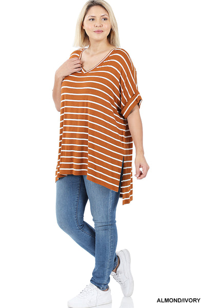 11247 1/4S Striped Rolled V Neck HiLo TOP in ALMOND JV-D13C