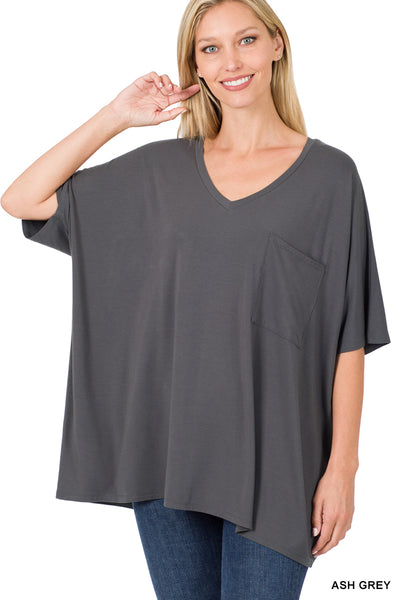 11249 1/4S OVZ Lux V Neck Pocket Top in ASH GREY JV-F42T