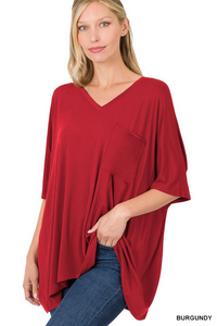 11250 1/4S OVZ Lux V Neck Pocket Top in BURGUNDY JV-F33C