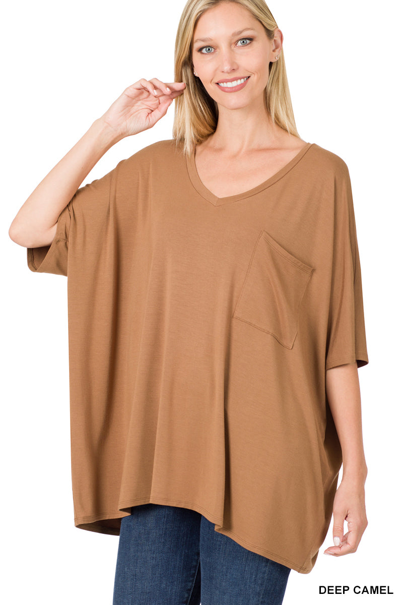 11251 1/4S OVZ Lux V Neck Pocket Top in DEEP CAMEL JV-F43C