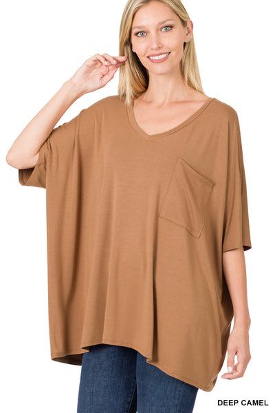 11251 1/4S OVZ Lux V Neck Pocket Top in DEEP CAMEL JV-F43C