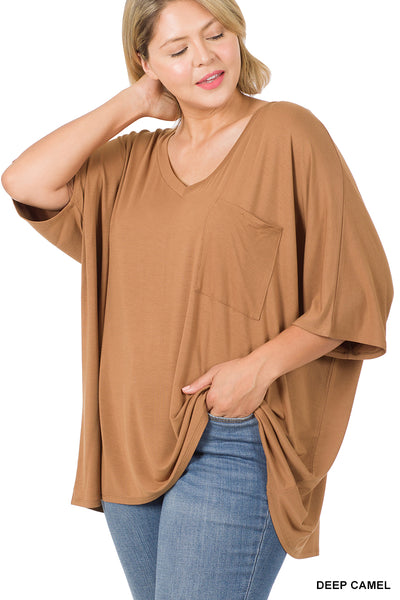 11251 1/4S OVZ Lux V Neck Pocket Top in DEEP CAMEL JV-F43C