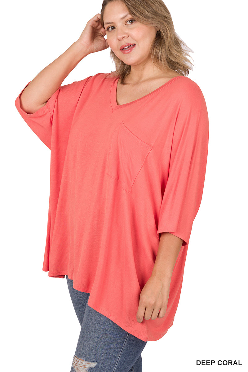 11252 1/4S OVZ Lux V Neck Pocket Top in DEEP CORAL JV-G8C