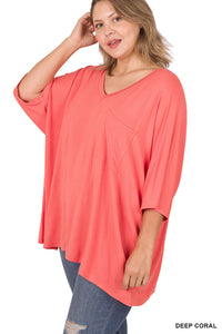 11252 1/4S OVZ Lux V Neck Pocket Top in DEEP CORAL JV-G8C