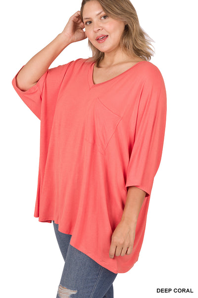 11252 1/4S OVZ Lux V Neck Pocket Top in DEEP CORAL JV-G8C