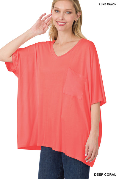 11252 1/4S OVZ Lux V Neck Pocket Top in DEEP CORAL JV-G8C