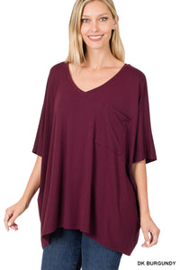 11254 1/4S OVZ Lux V Neck Pocket Top in DK BURGUNDY JV-F48B