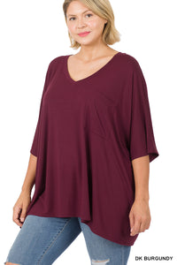 11254 1/4S OVZ Lux V Neck Pocket Top in DK BURGUNDY JV-F48B