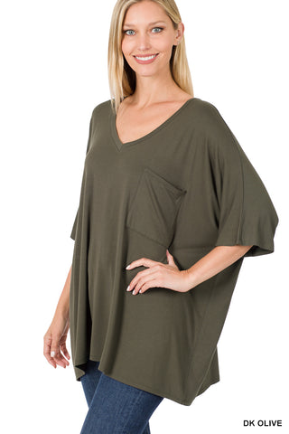 11255 1/4S OVZ Lux V Neck Pocket Top in DK OLIVE JV-G8B