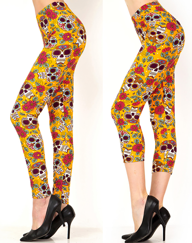 2051 Sugar Skulls on Gold LEGGINGS or CAPRI