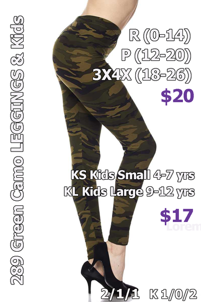 289 Green Camo LEGGINGS & Kids
