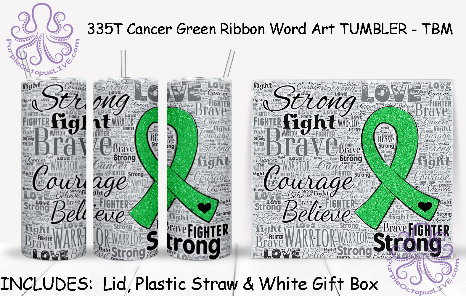 335T Cancer Green Ribbon Word Art TUMBLER - TBM