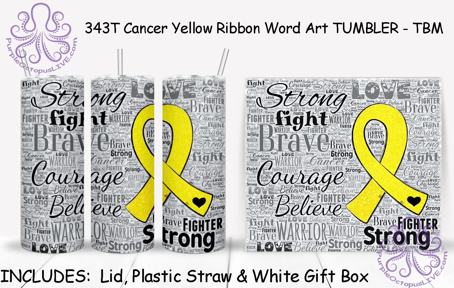 343T Cancer Yellow Ribbon Word Art TUMBLER - TBM