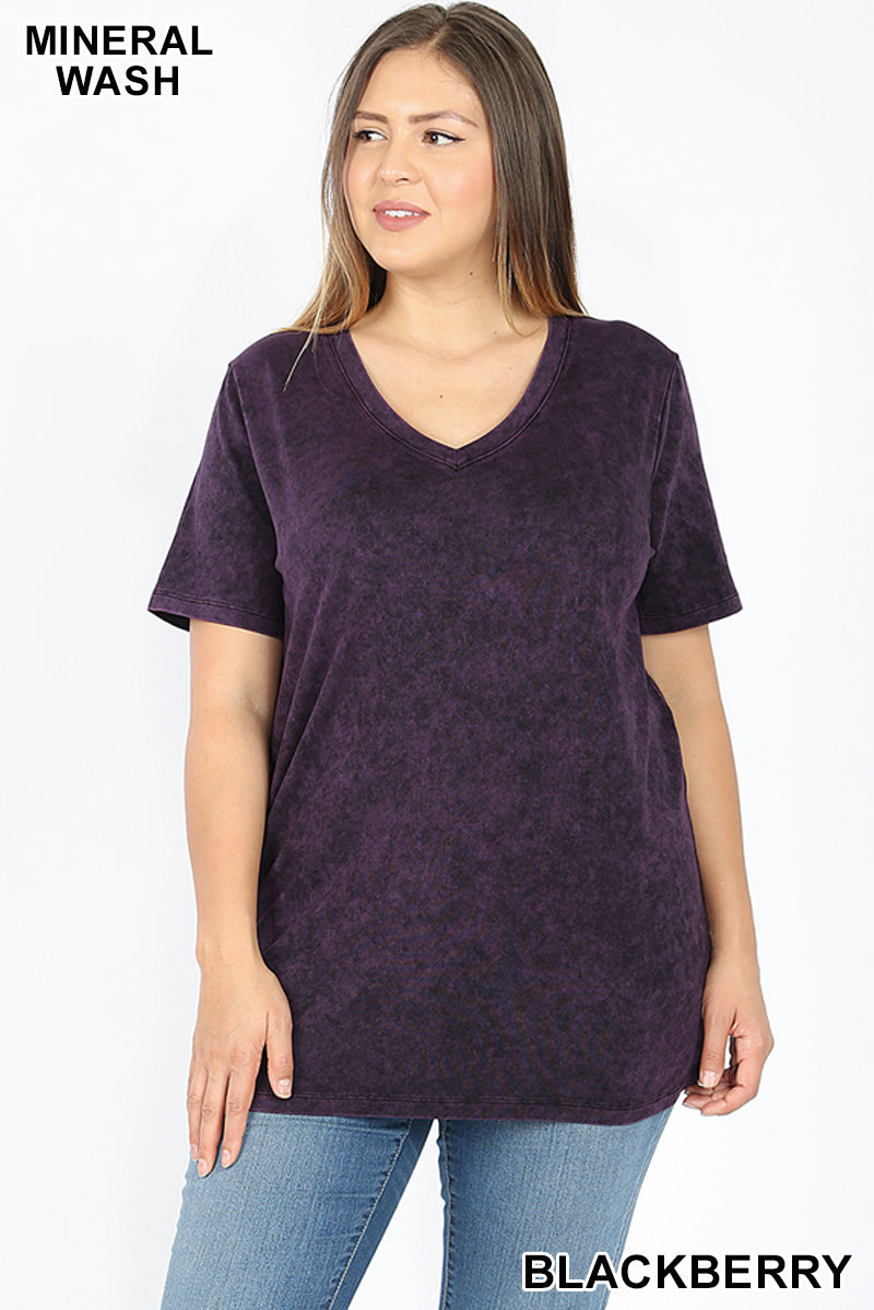 4092 1/4S Mineral Wash V Neck TOP in BLACKBERRY JV-E27C