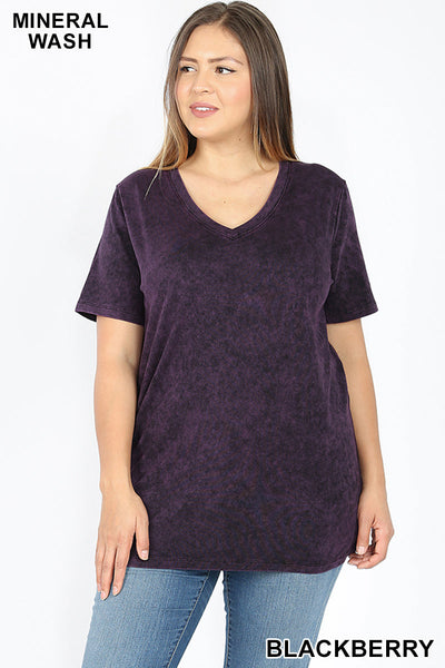 4092 1/4S Mineral Wash V Neck TOP in BLACKBERRY JV-E27C