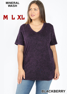 4092 1/4S Mineral Wash V Neck TOP in BLACKBERRY JV-E27C