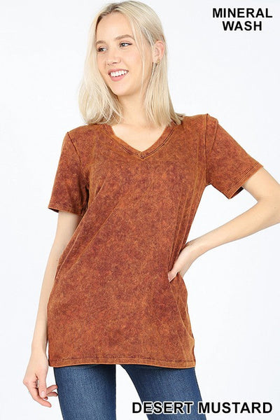 4093 1/4S Mineral Wash V Neck TOP in DESERT MUSTARD JV-C47C