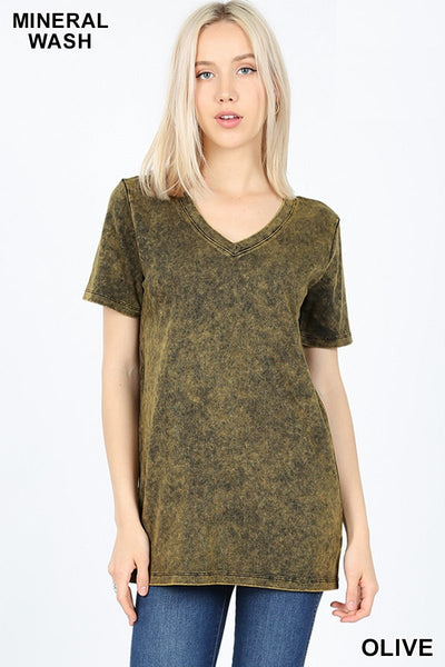 4094 1/4S Mineral Wash V Neck TOP in OLIVE JV-A32A
