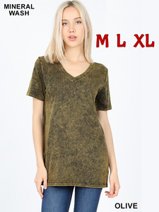 4094 1/4S Mineral Wash V Neck TOP in OLIVE JV-A32A
