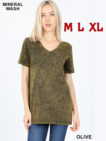 4094 1/4S Mineral Wash V Neck TOP in OLIVE JV-A32A