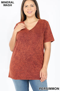 4095 1/4S Mineral Wash V Neck TOP in PERSIMMON JV-B12C