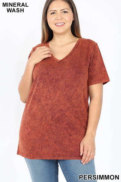 4095 1/4S Mineral Wash V Neck TOP in PERSIMMON JV-B12C