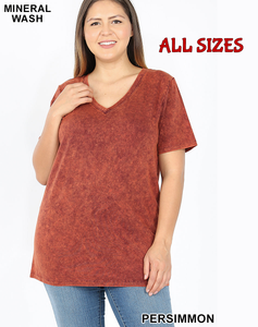4095 1/4S Mineral Wash V Neck TOP in PERSIMMON JV-B12C