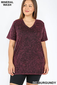 4127 1/4S Mineral Wash Round Neck TOP in DK BURGUNDY