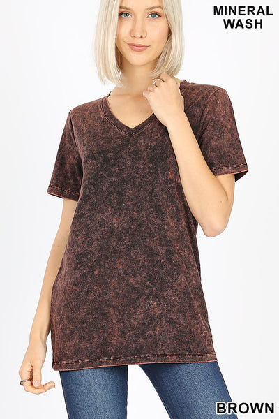 4128 1/4S Mineral Washed Cotton V Neck TOP in BROWN -A1JV2T