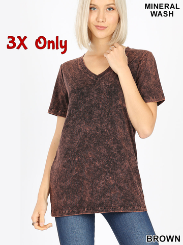 4128 1/4S Mineral Washed Cotton V Neck TOP in BROWN -A1JV2T