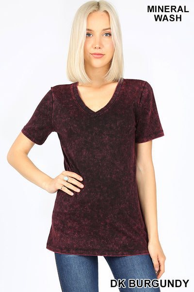 4129 1/4S Mineral Washed Cotton V Neck TOP in DK BURGUNDY JV-A41B