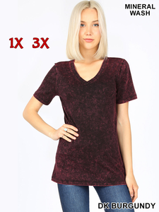 4129 1/4S Mineral Washed Cotton V Neck TOP in DK BURGUNDY JV-A41B
