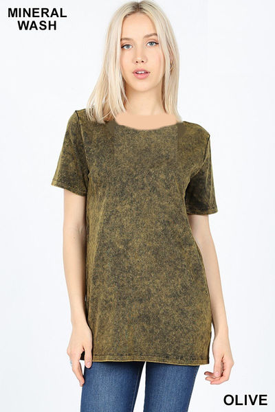 4131 1/4S Mineral Washed Cotton Round Neck TOP in OLIVE JV-B41T