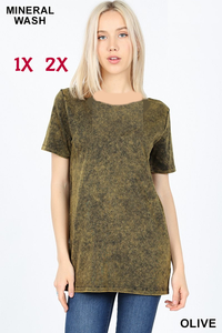 4131 1/4S Mineral Washed Cotton Round Neck TOP in OLIVE JV-B41T