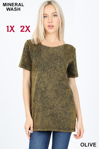 4131 1/4S Mineral Washed Cotton Round Neck TOP in OLIVE JV-B41T