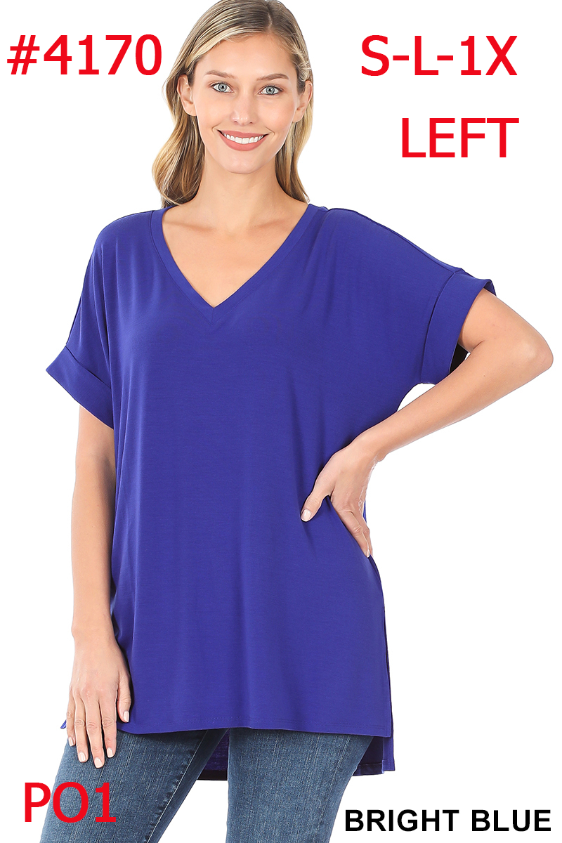 4170 1/4S Rolled V Neck HiLo Side Slit TOP in BRIGHT BLUE