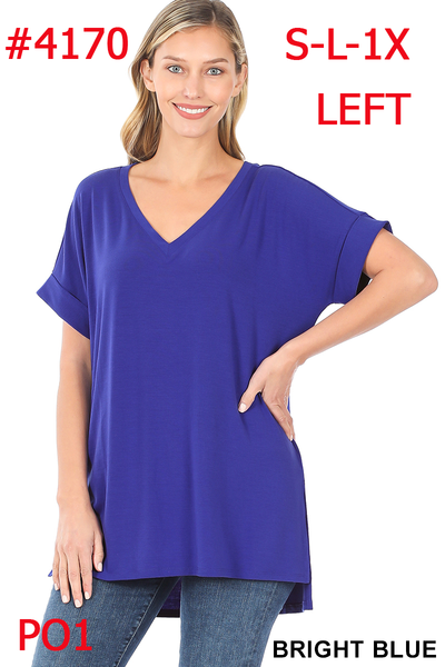 4170 1/4S Rolled V Neck HiLo Side Slit TOP in BRIGHT BLUE