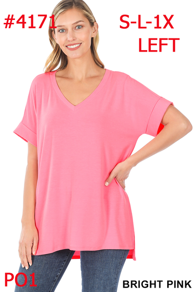 4171 1/4S Rolled V Neck HiLo Side Slit TOP in BRIGHT PINK