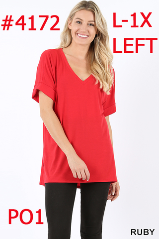 4172 1/4S Rolled V Neck HiLo Side Slit TOP in RUBY