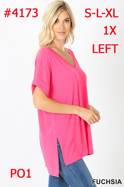 4173 1/4S Rolled V Neck HiLo Side Slit TOP in FUCHSIA