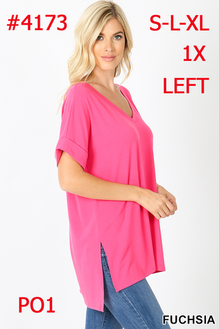 4173 1/4S Rolled V Neck HiLo Side Slit TOP in FUCHSIA