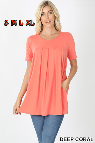 4180 1/4S R Neck Pleated TOP w PKTS in DEEP CORAL