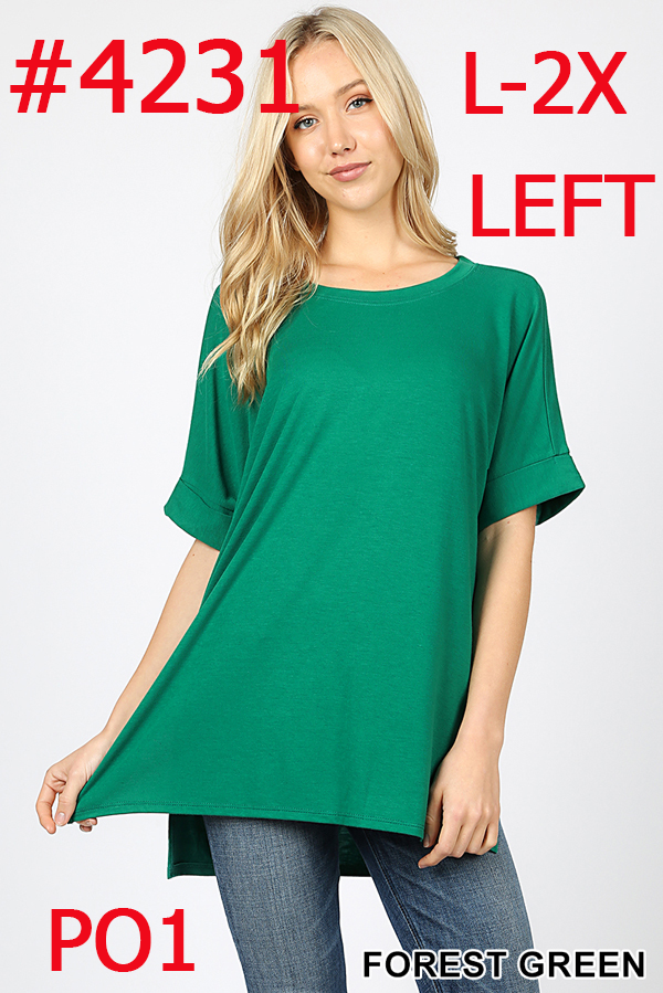 4231 1/4S Rolled R Neck HiLo Side Slit TOP in FOREST GREEN