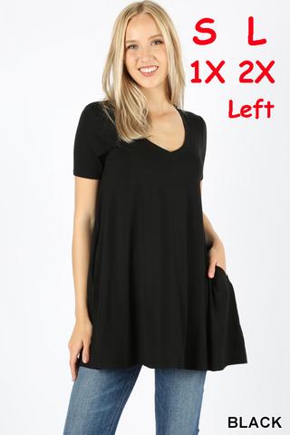 4239 1/4S V Neck Flared TOP w/ Pockets in BLACK JV-I32B