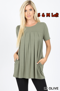 4244 1/4S R Neck Pleated TOP w PKTS in LIGHT OLIVE JV-F7C